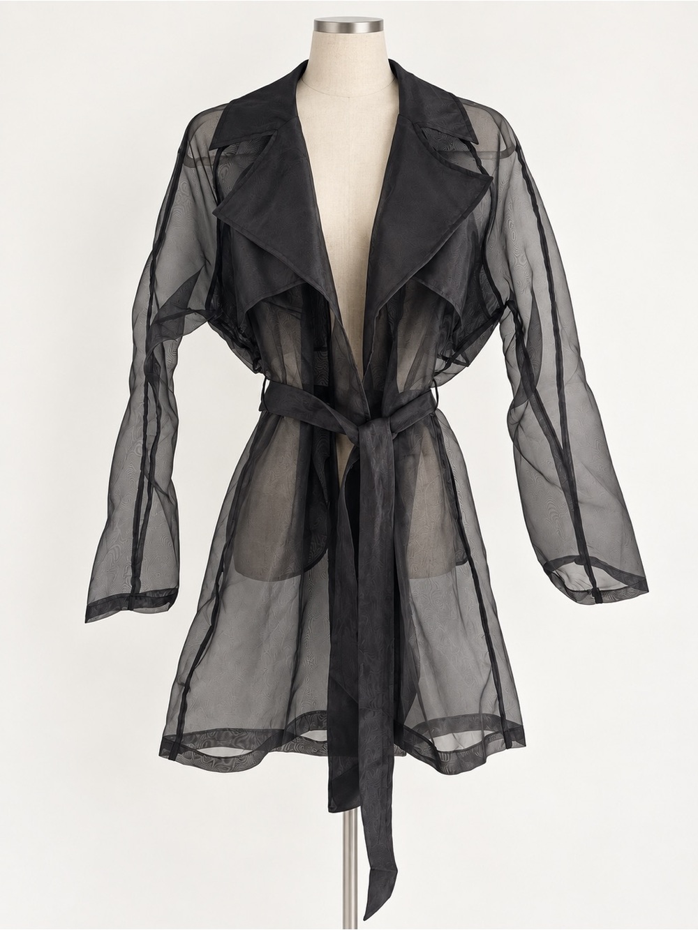Sans Souci Sheer Black Mesh Trench-Style Robe with Tie Belt